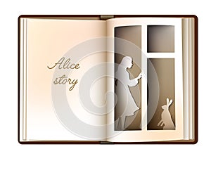 Alice story idea, reading and imagination concept, vintage empty book page looks like window with girl silhouette and