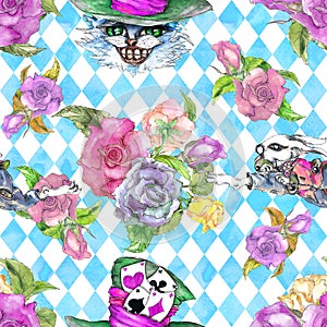 Alice in Wonderland cute bunny and Cheshire cat watercolor objects set seamless pattern