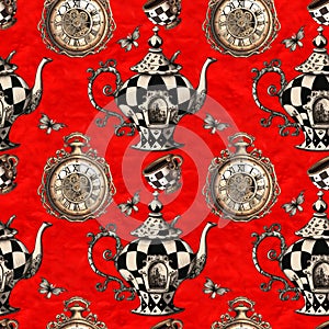 Alice in Wonderland cute VINTAGE STYLE watercolor seamless pattern