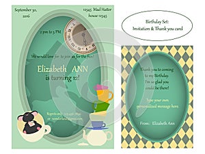 Alice in Wonderland. Mad tea party Birthday Invitation.