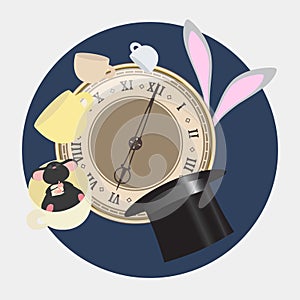 Alice in Wonderland. Mad tea party with Hatter, Dormouse, White Rabbit. Alice in Wonderland. Retro illustration.
