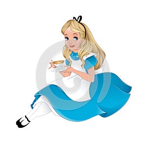 Alice in Wonderland sitting and drinking tea