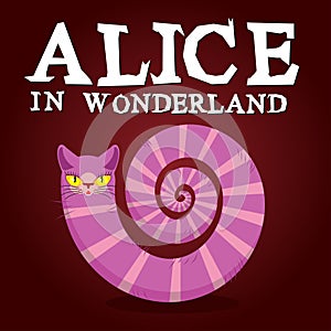 Alice in Wonderland title. Cheshire Cat. Fantastic animal. Fabulous striped animal with long tail