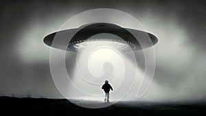 alien abduction concept, flying UFO saucer over toddler boy on the ground near house, neural network generated art