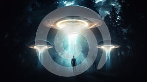 Alien abduction. Human figures being lifted up to the mysterious UFOs with glowing light beams. Generative AI