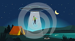 Alien abduction: ufo kidnapping a woman at night