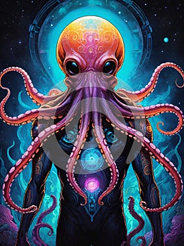 alien anthropomorphic octopus, generative ai illustration, science fiction scenery