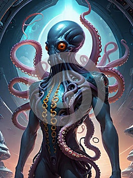 alien anthropomorphic octopus inside a spaceship, generative ai illustration, science fiction scenery