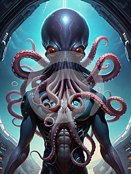 alien anthropomorphic octopus inside a spaceship, generative ai illustration, science fiction scenery