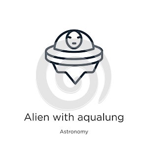 Alien with aqualung icon. Thin linear alien with aqualung outline icon isolated on white background from astronomy collection.