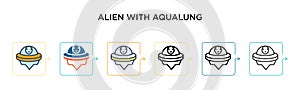 Alien with aqualung vector icon in 6 different modern styles. Black, two colored alien with aqualung icons designed in filled,