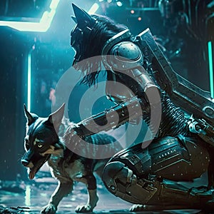 Alien in armor with dog