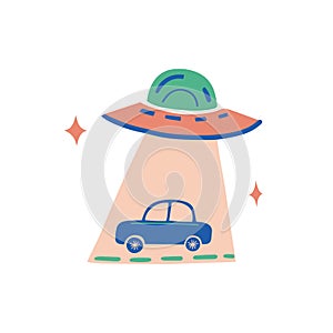 Alien as police kidnap car Driving.Teaching driver.Vector hand drawn flat style.Poster for web, poster print.Funny minimalist