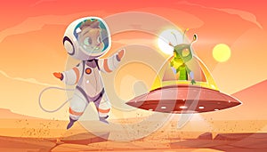 Alien and astronaut child meeting on red planet