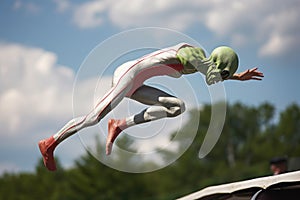 alien athlete flying through the air, performing acrobatic stunt during track and field competition