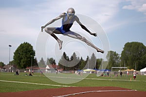 alien athlete flying through the air, performing acrobatic stunt during track and field competition