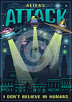 Alien attack vintage poster colorful