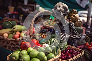 alien, with basket full of fresh fruits and vegetables, shopping at farmer& x27;s market