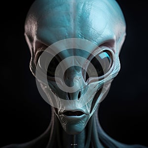 Alien with big eyes triangular facial expression on black background. Generative ai