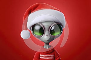Alien with big green eyes wear christmas hat on solid red background. ai generative