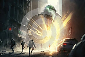 alien, blasting cityscape with energy beam, while bystanders run for cover