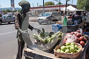 alien, browsing produce at farmers market, with basket in hand