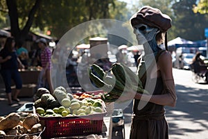 alien, browsing produce at farmers market, with basket in hand