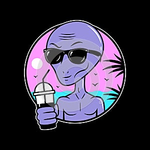 ALIEN CARTOON WITH COCKTAIL SUMMER CHILL OUT