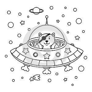 Alien cat pirate in a spaceship in a star galaxy. Cute cosmonaut cat in outer space. Vector outline illustration on the space