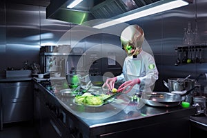 alien chef cooking delicous meal in high-tech kitchen