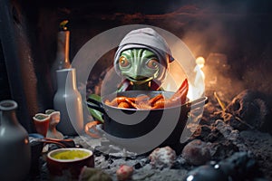 alien chef cooking up tasty seafood stew with fresh caught fish