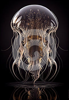 Alien chrome squid jellyfish on black background. Abstract shining detailed face hugger. photo