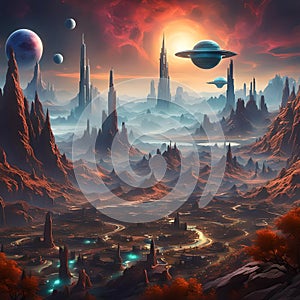 Alien cityscape with planets in the distance