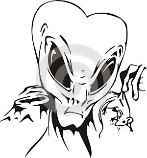 The alien considers the white mouse.