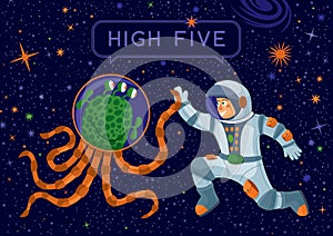 Alien And Cosmonaut Making High Five