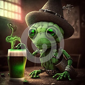 Alien creature celebrating St. Patrick\'s Day. Ai generated.