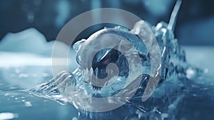 Alien creature frozen in ice. A sci-fi monster in a research facility. AI generated.