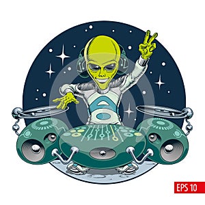 Alien dj character in outer space. Cute green extraterrestrial humanoid with futuristic vinyl record turntable. Comic style vector