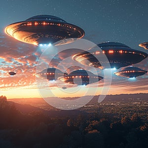 Alien encounter Flying saucers of extraterrestrial civilization depicted in the sky