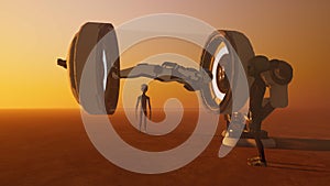 Alien encounter on Mars. Realistic 3D illustration showing martian landscape