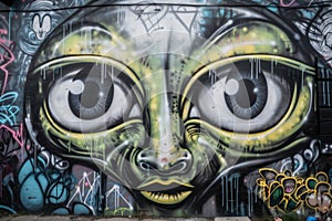 alien face with graffiti tags, eyes and mouth