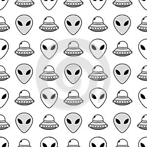 Alien face and saucer spaceship seamless pattern