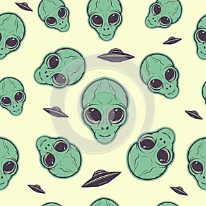 Alien Face Seamless Pattern Cartoon. Green Big Eye Extraterrestrial humanoid backdrop. Wallpaper of space character