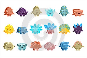 Alien Fantastic Golem Characters Of Different Humanized Rocks With Friendly Faces Emoji Stickers Set