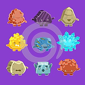 Alien Fantastic Golem Characters Of Different Humanized Rocks With Friendly Faces Emoji Stickers Set