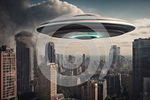 Alien Flying Over City With Tall Buildings, Extraterrestrial Visitor. Generative AI.