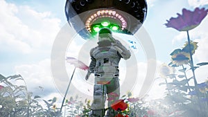 An alien flying saucer chases an astronaut running through a flower field. The concept of a UFO or alien spacecraft. 3D