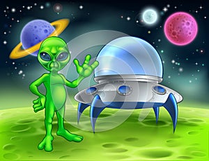 Alien and Flying Saucer on Moon