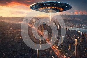Alien flying saucer over big evening city. UFO kidnapping.