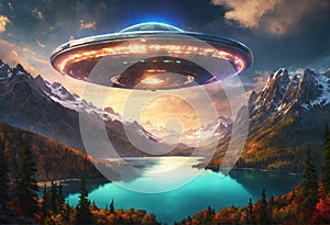 Alien flying saucer over highlands lake. UFO concept.